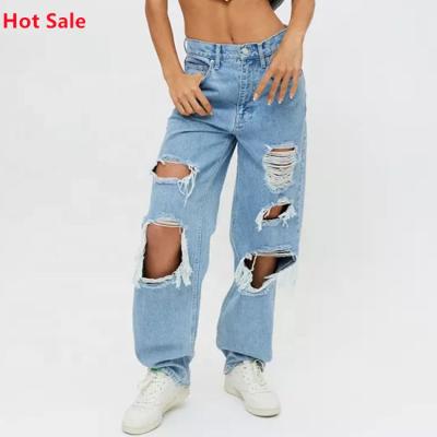 China Woman Long Blue Jeans Pants Custom Made QUICK DRY For Women Hip Hop Base Wide Leg Fashion High Waist Ripped Hole Denim Pants Ladies for sale