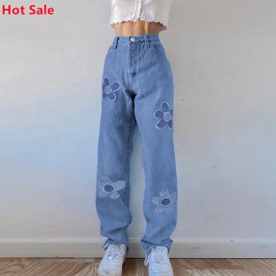 China Custom Made Loose QUICK DRY Loose Vintage Denim Pants Ladies For Mujer High Waist Leg Women Straight Blue Jeans Pants Flower Printing for sale