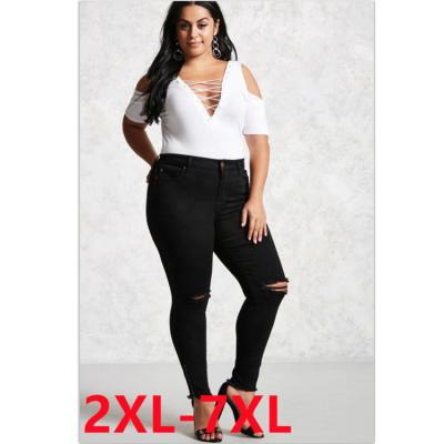 China 2022 slim skinny viable custom fashion ladies long denim pants ripped with black hole high waist trousers plus size jeans for women for sale