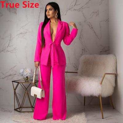 China 2022 Custom Made Belt Anti-Wrinkle Solid Color Blazers Two Piece Set For Women Office Wear Female Business Wide-Leg Pant Suits for sale