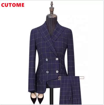 China 2022 Anti-Wrinkle Office Female Blue Plaid Printed Cross Lady Elegant 2 Piece Set Business Blazer Suits For Women for sale