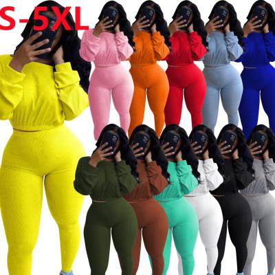 China 2022 Viable Hot Sale Plus Size Two Piece Woman Solid Color Casual Jogger Pants Ladies Ribbed Long Sleeve Pant Sets For Women for sale