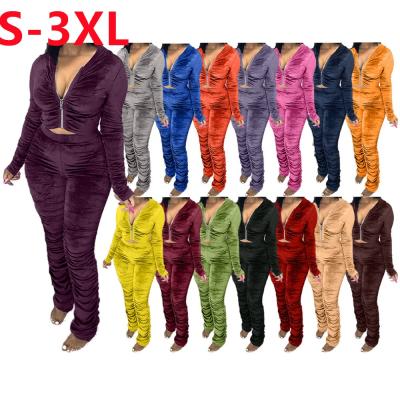 China 2022 Custom Sustainable Plus Size Womens Sets Pleuche Two Piece Set Pleated Long Sleeve Zippers Solid Color Suits Pants For Women for sale