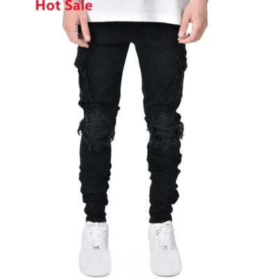 China Breathable Mens Denim Pants Boys Ripped Skinny Elastic Hole With Multi Zipper Pockets Slim Black Jeans Trousers For Men for sale