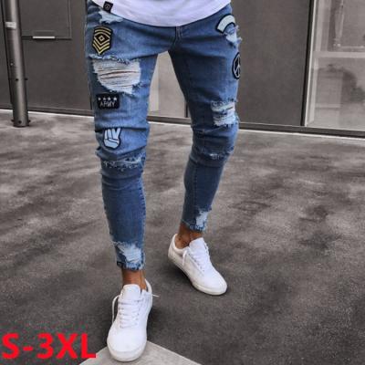 China 2021 new style viable mens jeans pants for man 3 color 3xl slim ripped skinny men's hip hop biker foot hole patch pants denim for sale