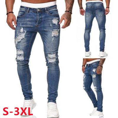 China High quality viable custom made mens denim plus size pants ripped hole with pocket stretch skinny feet pants blue black jeans for man for sale