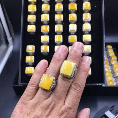 China Handsome s925 yellow white russian amber natural amber ring AMBER men ring large precious stone resizable man rings for sale