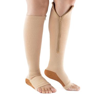 China Coffee Brown Nylon Premium Breathable Non Slip Knee Length Zipper Compression Socks For Nurses for sale