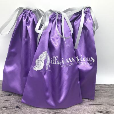 China Reusable Purple Silk Satin Bag Hair Extension Packaging Bags For Hair Extensions Bags for sale