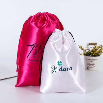 China Custom Logo Hair Extension Bags Satin Tassel Drawstring Bag Wig Satin Casual Silk Bag Packaging 12*14 for sale