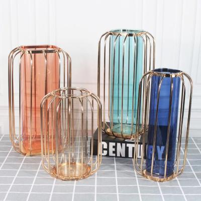 China Popualr CIA Wrought Iron Glass Vase Gold Plated Glass Flower Vase Flower Pot Wedding Nordic Lantern Shaped Table Home Decoration for sale