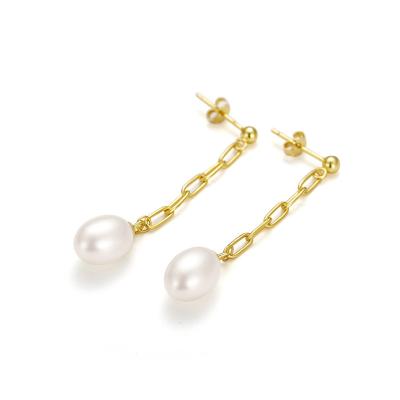 China FASHIONABLE 925 Sterling Silver Paper Clip Chain Tassel Pearl Drop Earrings Gold Plated Stud Earrings For Women for sale