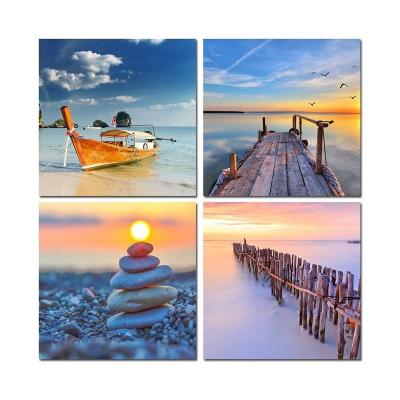 China Easy Sunset Seaside Beach Landscape Canvas Paintings 4 Piece 30*30cm Canvas Print Custom Wall Painting for sale