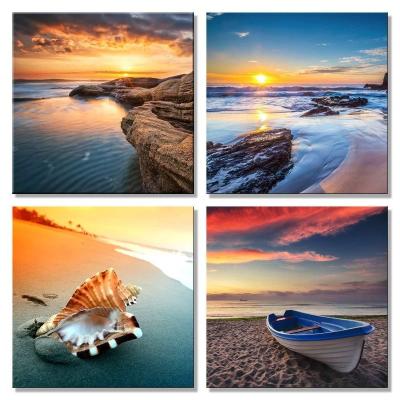 China Landscape 4 Panels Canvas Art Wall Art Hotel Easy Painting Still Life Decorative Painting Oil Painting Sunset Conch Boat for sale