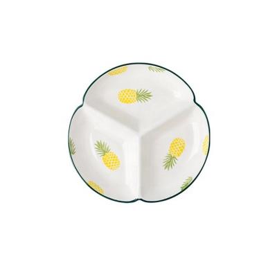 China Sustainable Nordic Style Fruit Pattern Breakfast Dish Kids Breakfast 3 Compartment Separated Ceramic Dish for sale