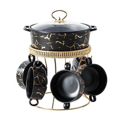 China Viable New Design Double Ear Pot With Lid And Bowl Nordic Style Soup Pot With Candle Holder Marble Gold Ceramic Soup Pot Set for sale