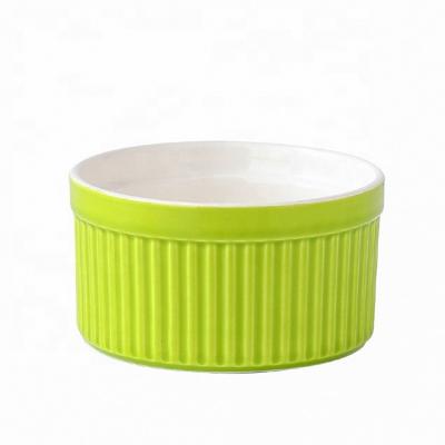 China Household Small Stripe Viable Creative Dessert Pudding Bowl Green Ceramic Baking Bowl New Design for sale