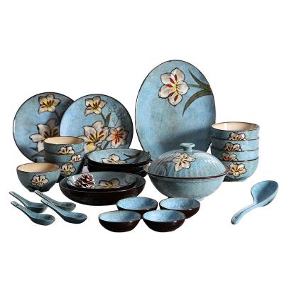 China Viable Blue Ceramic Ceramic Flower Fancy Flower Design Dinnerware Set Shenzhen Birthday Dinnerware Party Tableware for sale