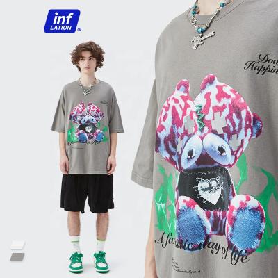 China Low MOQ Anti-shrink T-shirt Custom Bear Thoughtful Doll Printing Loose Men's Short Sleeve T-shirt for sale