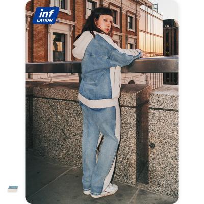 China Denim Patchwork Leisure QUICK DRY Tracksuit Couples Oversized Hoodie And Sweatpants Set for sale