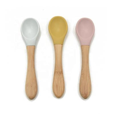 China 100% YXT-BS-08 Exported Good Quality Competitive Price Food Grade Eco-friendly Silicone Color Bamboo Baby Wooden Spoons for sale