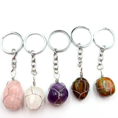 China AiQi New Irregular Natural Agate Stone Stone Natural Copper Wire Key Chain Crystal Pendant for sale