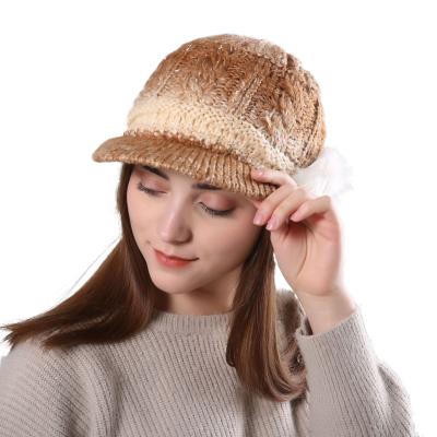 China COMMON Winter Beanies Hats With Visor Ear Warmer Cable Knit Hat Beret Women Knitted Earmuffs Beanie Gradient Color Knit Hats for sale