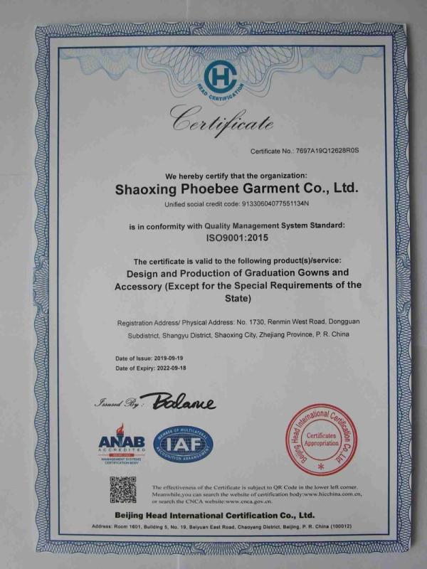 ISO9001 - Shaoxing Phoebee Garment Co., Ltd.