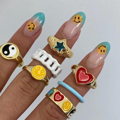 China YJ21R70 Size 6/7/8 FASHIONABLE INS USA Cute Happy Face Star Yinyang Combine Rings For Women Girl for sale