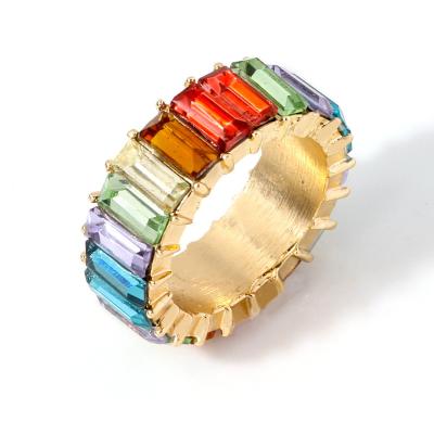 China New FASHIONABLE Zircon Alloy Diamond Ring Individual Character Fashion Baguette Colorful Jewelry for sale