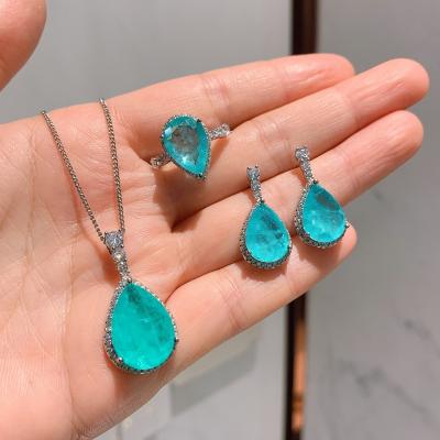 China Other Luxury Bridal Jewelry Set Waterdrop Paraiba Tourmaline Earrings Necklace Set for sale