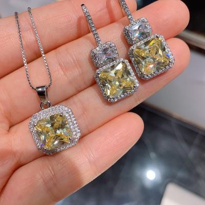 China Other Yellow Bling Bling Rectangle Diamond Hook Earrings Necklace Wedding Party Women Jewelry Set for sale