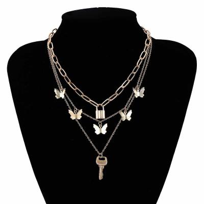 China FASHIONABLE Custom Alloy Key Layered Gold Filled Jewelry Necklace Butterfly Sets Lock Punk Necklace for sale