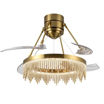 China New Modern Hot Selling Luxury Crystal Fancy Hidden Transparent Blade Chandelier Retractable Ceiling Fan With LED Light for sale