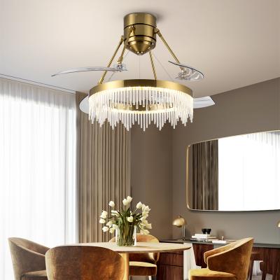 China Fancy New Design Modern Retractable Chandelier PMMA Crystal Blades Ceiling Fan With LED Light for sale