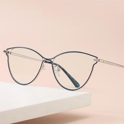 China Anti Ray Fashion Metal Frame Hollow Design Blue Ladies Cat Eye Flat Mirror Luxury Anti Blue Light Glasses For Computer Gaming for sale