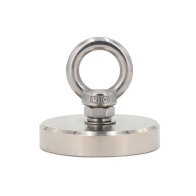 China Industrial Super Strong Round Magnet 200KG 440LBS N35 D75mm Salvage Fishing Magnet Neodymium With Eyebolt for sale