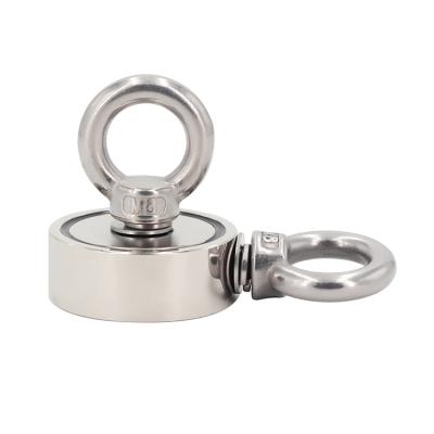 China Industrial Super Strong Round Neodymium Magnet 70KG 160LBS N35 D48mm Double Side Fishing Magnet With Threaded Shank Eye for sale