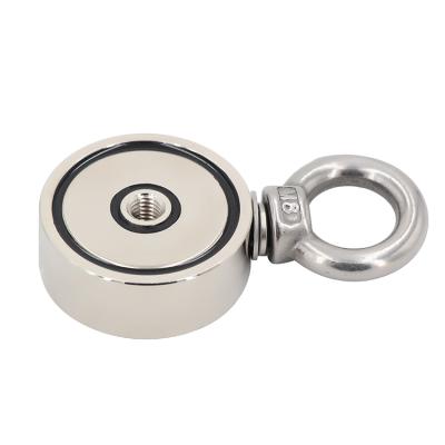 China Industrial Super Strong Round Salvage Neodymium Magnet 135KG 300LBS N35 D60mm Double Side Fishing Magnet With Threaded Eye for sale