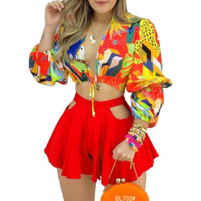 China Anti-pilling European and American print short set of cardigan shirt shorts for sale