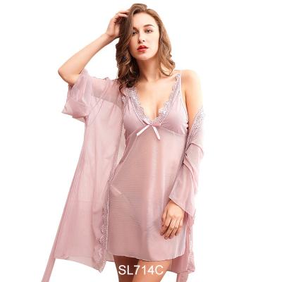 China Sexy Lingerie Homewear Long Robes Homewear Robe Sexy Three-Piece Lingerie Ambiguous Net Bride Maid Dress Halter Dress Superior Lady Three-Piece Lingerie for sale