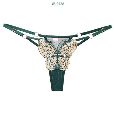 China New butterfly large interest underwear lace female transparent sexy low waist embroidery thong lingerie adjustable thong for sale