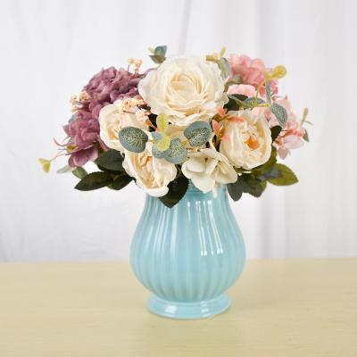 China Plastic+iron wire simulation peony bouquet fake hydrangea wedding bride hand stick flower home decoration artificial vase for sale