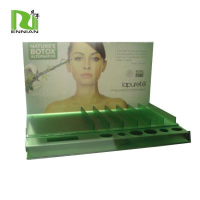 China custom matt green acrylic plate display stands acrylic cosmetic counter display stand ,acrylic makeup countertop display for sale