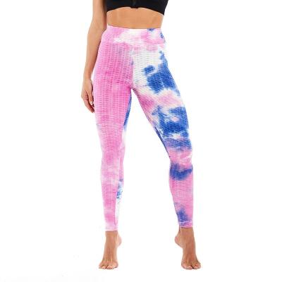 China Colorful Breathable Gym Workout Butt Lift Up Sexy Anti Cellulite Jogger Pants Ties Crac! crack! Dye Fitness Yoga Bubble Leggings For Women In Stock for sale