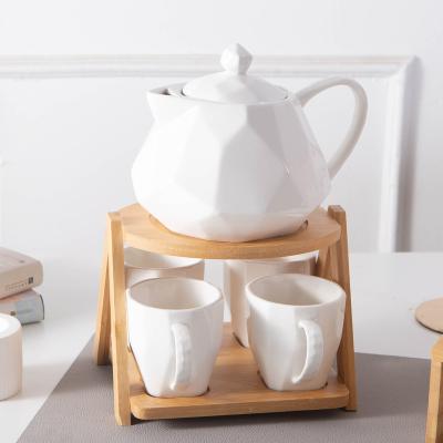 China Viable Nordic Diamond Shape Bamboo Stand Ceramic Tea Cup Set for sale