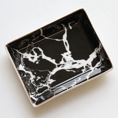 China Luxury Ceramic Black Marble Veins Fit Jewelry Tray Gold Edge Porcelain Dish Ceramic Ring Holder Dish for sale