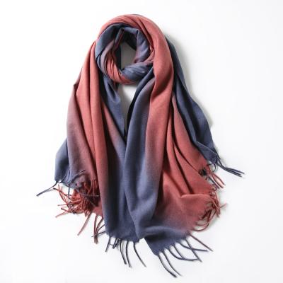 China Polyester Two Color Gradient Cashmere Brushed Design Shawl Women Winter Warm Plain Long Scarf for sale