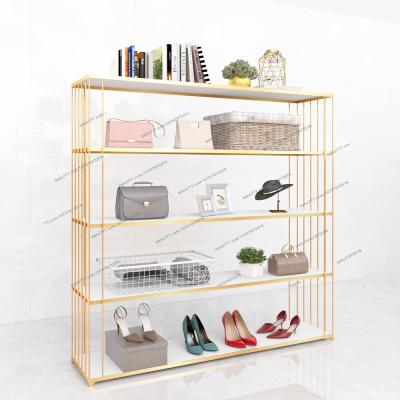 China Grocery Retail Store Handbag Showcase Double Sided Shoes Display Table Racks Gold Clothing Shelves for sale