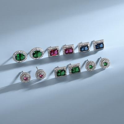 China Wholesale Fashion Cute Colorful Round Zircon Stud Earrings 925 Sterling Silver Stud For Women Square Earrings for sale